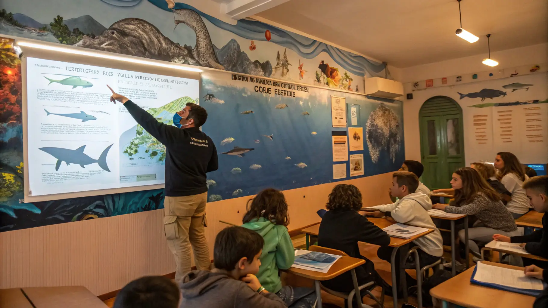 A classroom setting where an instructor is teaching children about aquatic life and conservation.