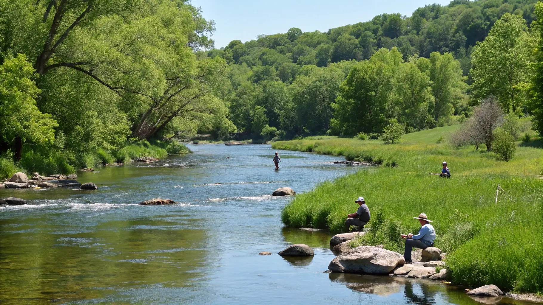 A sunny day at the river with people fishing and enjoying the nature.