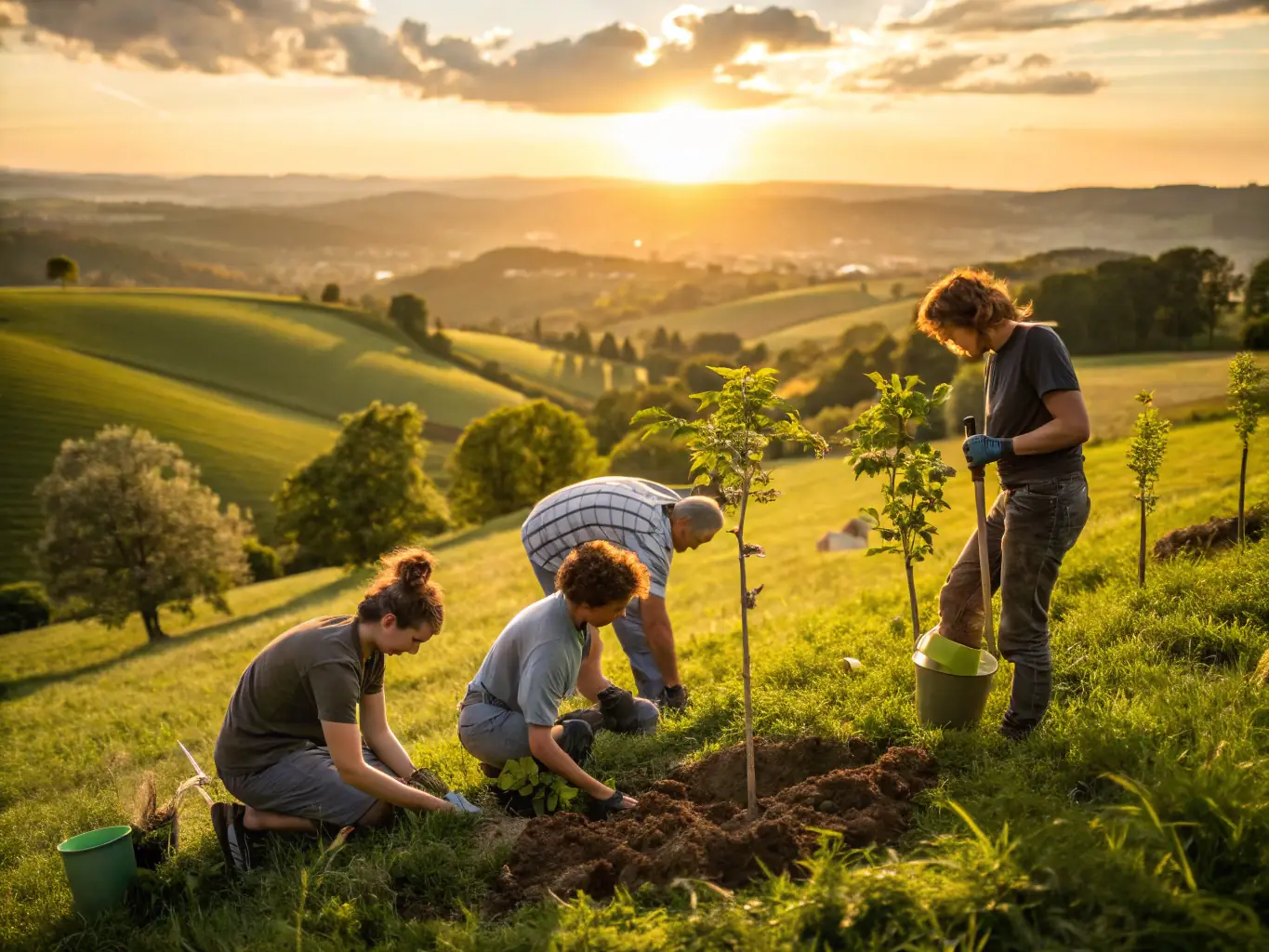 A scenic view of a river restoration project undertaken by AAPPMA La Gaule Callacoise, showcasing volunteers planting native vegetation along the riverbank to improve habitat and water quality. The image captures the essence of community involvement and environmental stewardship.
