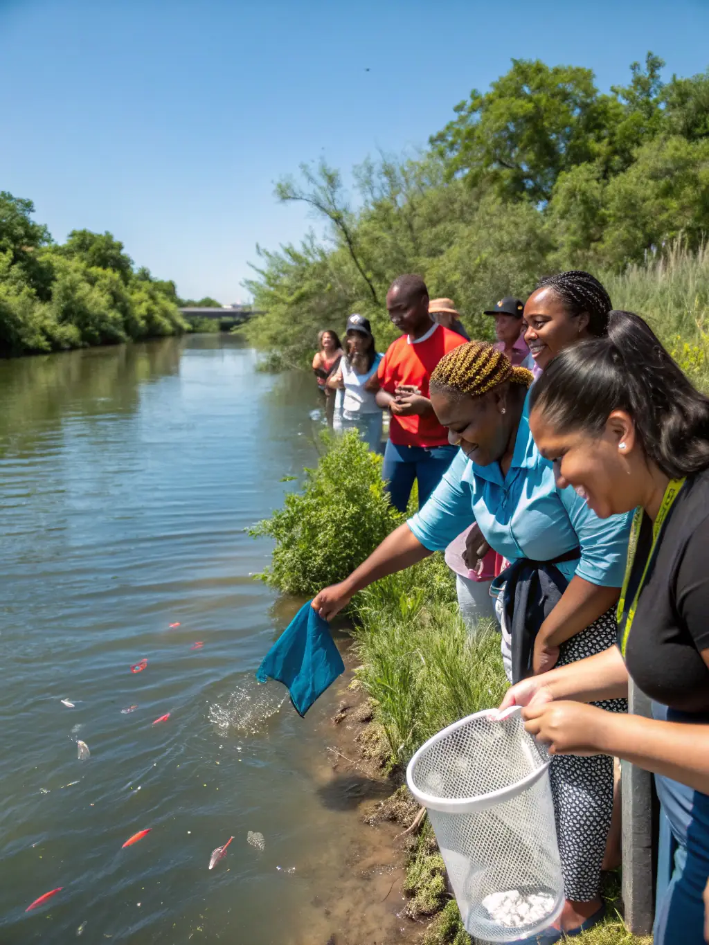 A close-up photograph of volunteers releasing juvenile trout into a clear, flowing river, emphasizing the restocking efforts of La Gaule Callacoise.