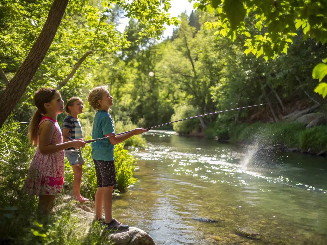 A close-up shot of a group of children participating in a fishing education workshop organized by AAPPMA La Gaule Callacoise. The image highlights the importance of educating the next generation about responsible fishing practices and environmental conservation.