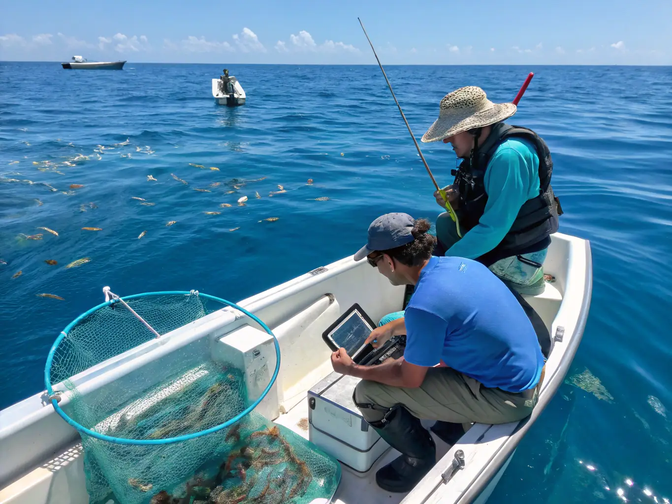 An aerial view of a fish population monitoring project conducted by AAPPMA La Gaule Callacoise, showing researchers collecting data on fish species and abundance in a local river. The image emphasizes the importance of scientific research in guiding conservation efforts.