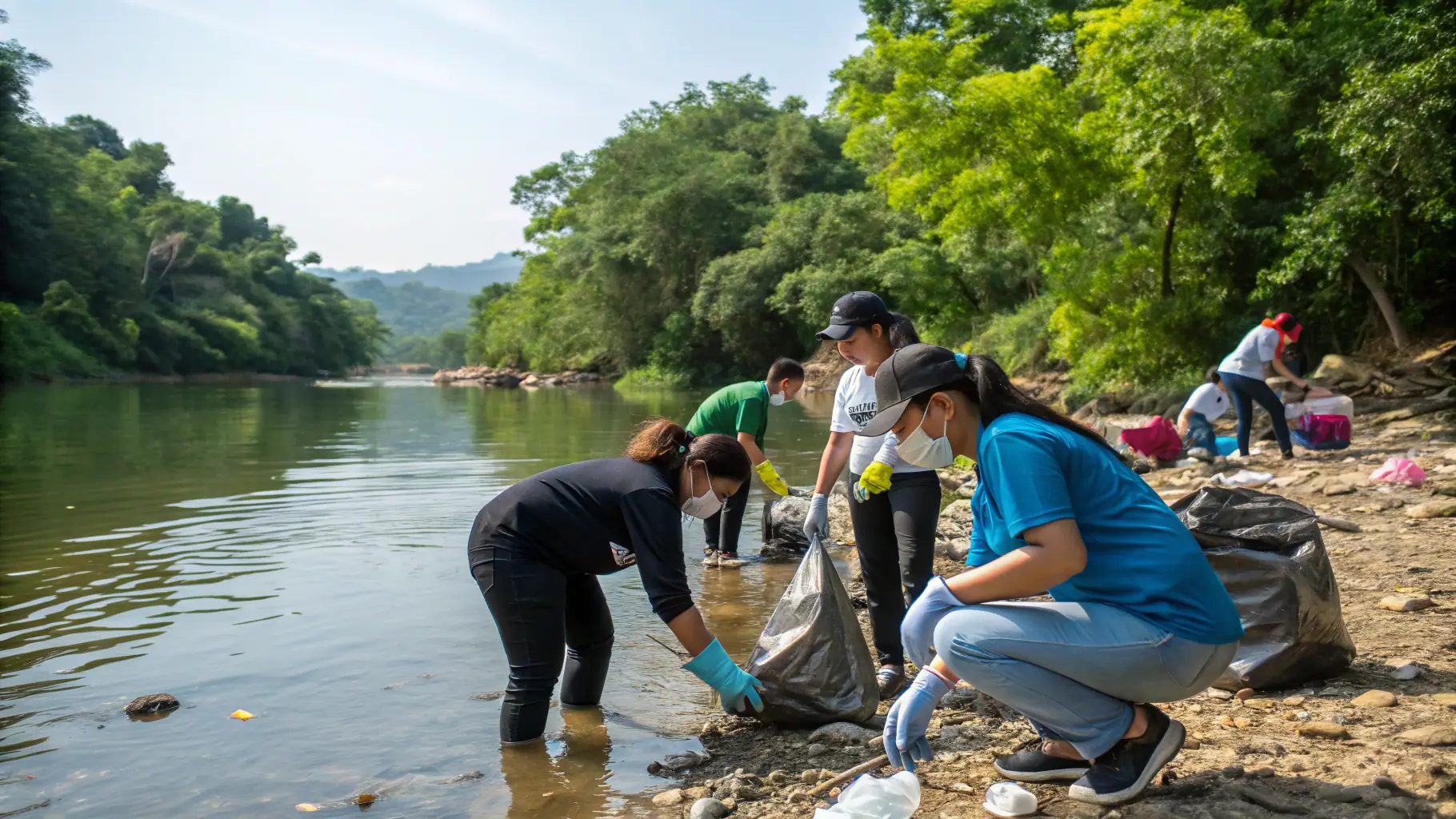 A group of volunteers cleaning up the riverbank, removing trash and debris.