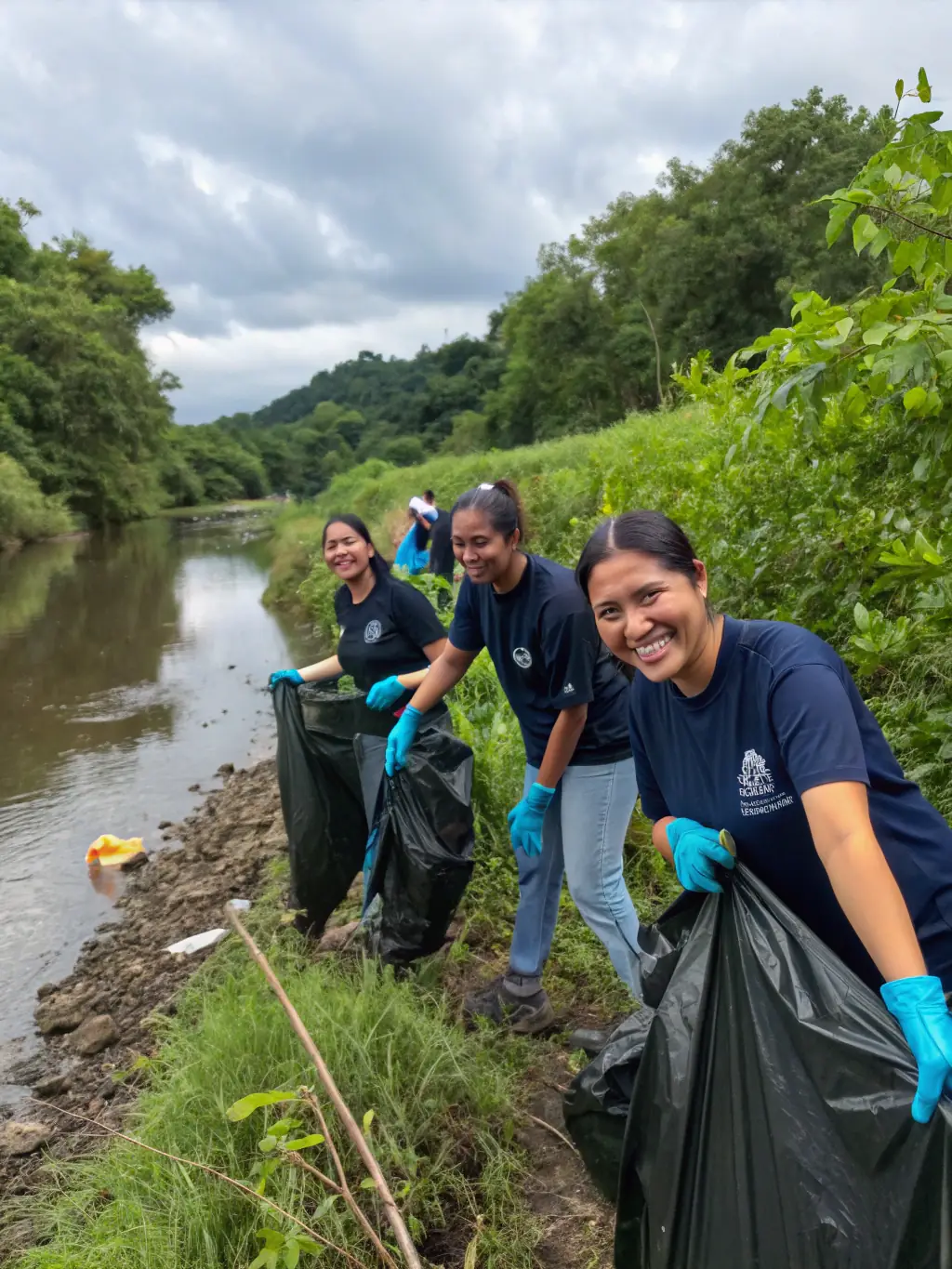 A wide shot of a group of volunteers cleaning up debris along a riverbank, showcasing the community involvement in La Gaule Callacoise's cleanup efforts.